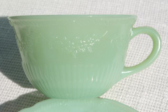 Alice jadeite glass cups & saucers, vintage Fire King jadite green glassware