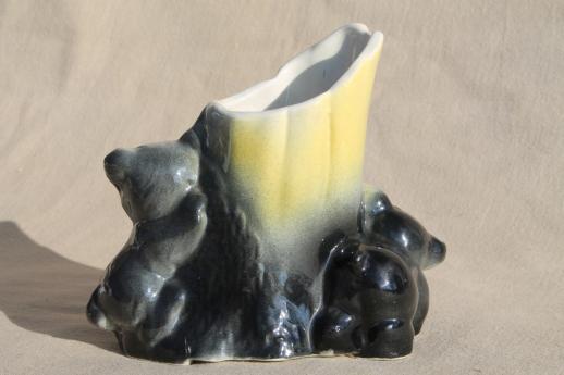 American Bisque vintage pottery planter, baby black bears on tree stump