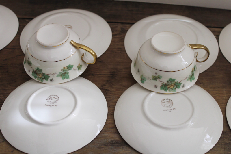 American Ivy pattern vintage china tea cups  saucers w/ small plates, trio sets