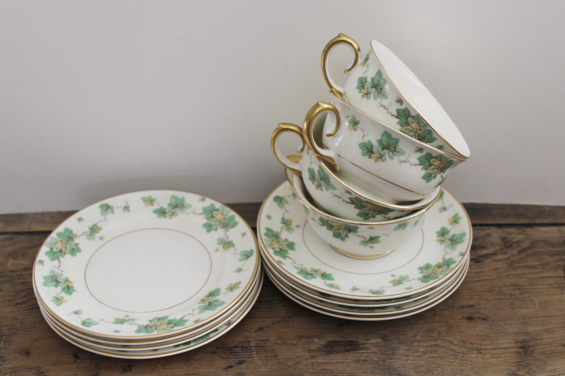 American Ivy pattern vintage china tea cups  saucers w/ small plates, trio sets