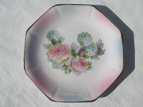 American Limoges china antique vintage cake or bread plates, roses & hydrangeas w/ luster
