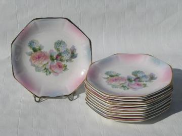 American Limoges china antique vintage cake or bread plates, roses & hydrangeas w/ luster