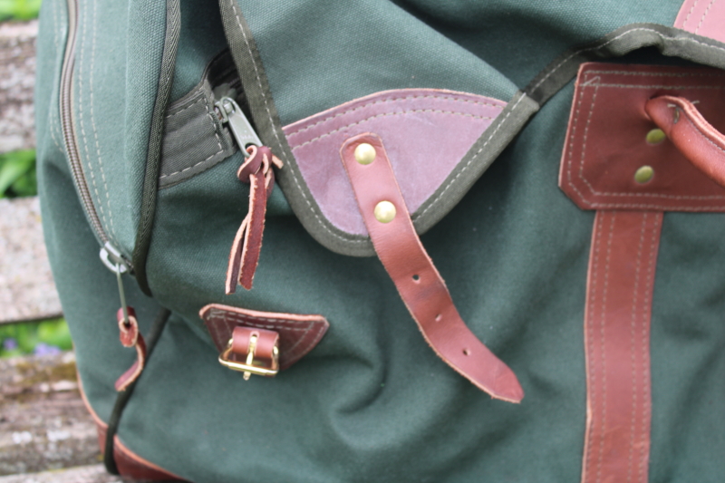 American Outdoorsman Gokey type vintage cotton canvas  leather travel bag large duffle soft sided luggage