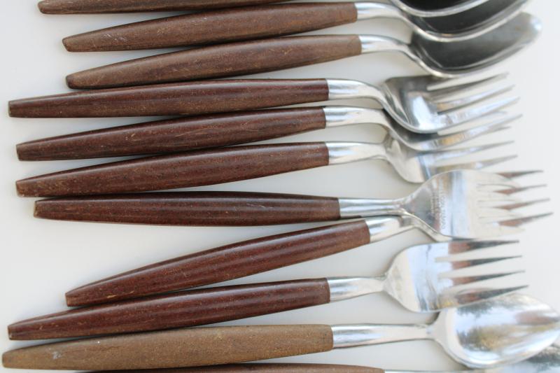 American Tempo vintage stainless flatware w/ rosewood melamine handles Canoe muffin style
