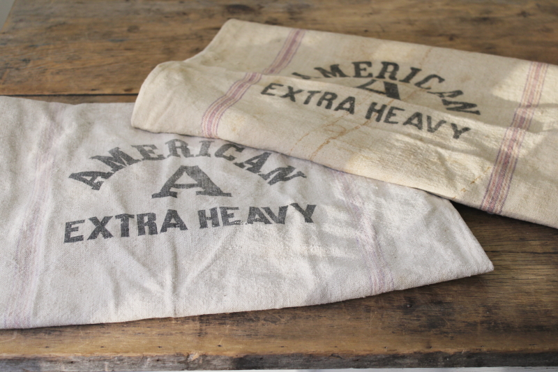 American brand seamless type heavy cotton grain sacks, primitive vintage feed bags