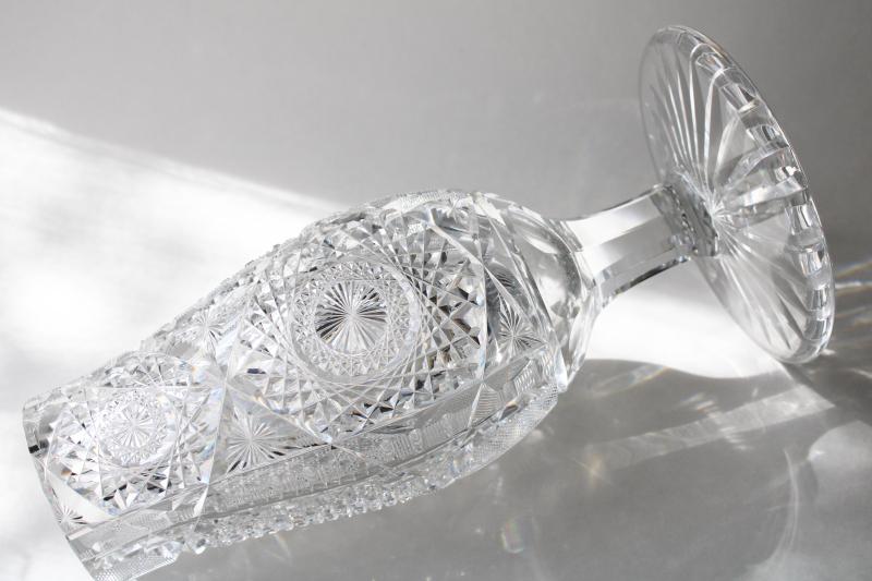 American brilliant vintage huge heavy cut glass vase w/ goblet foot, antique crystal