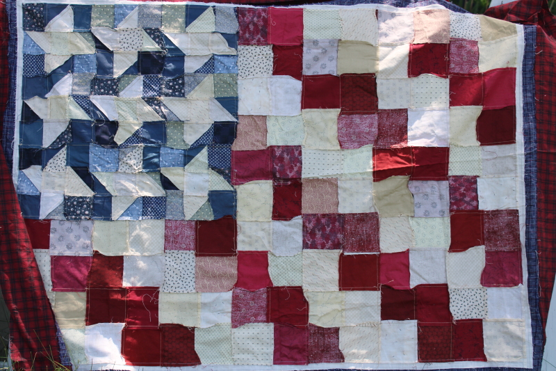 American flag primitive style cotton patchwork quilt top, 1990s vintage country rustic decor