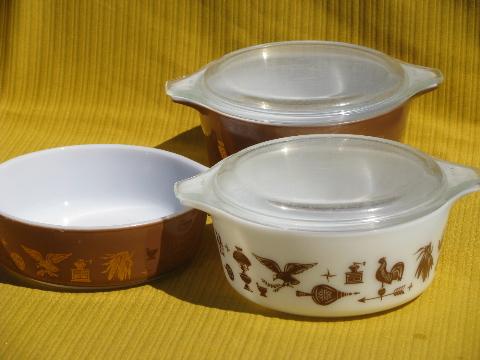American heritage eagle pattern Pyrex casseroles set w/ glass covers