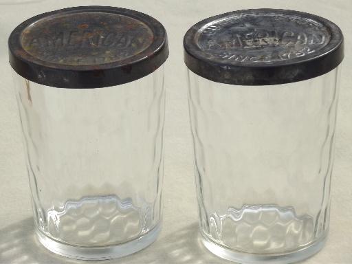 American snuff jars, vintage glass snuff bottles w/ embossed metal lids