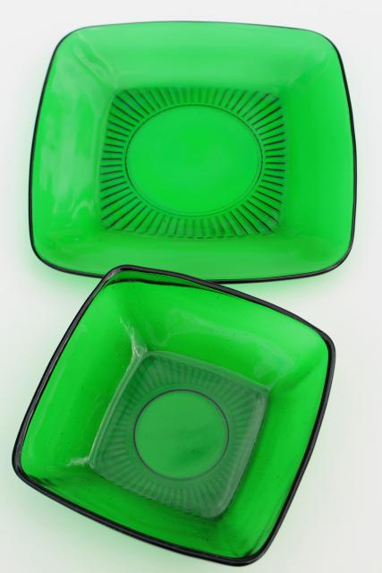 Anchor Hocking Charm square plates & bowls, forest green glass, retro 1950s glassware