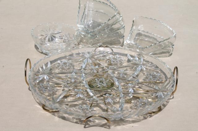 Anchor Hocking Early American prescut lazy susan relish set, EAPC star pattern pressed glass