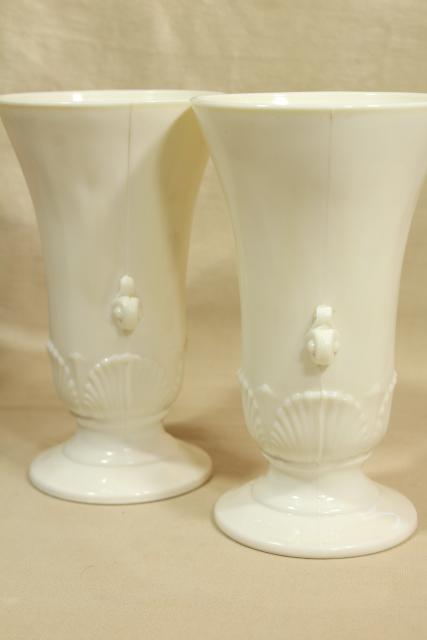 Anchor Hocking Fire King ivory vitrock seashell vases pair, art deco vintage
