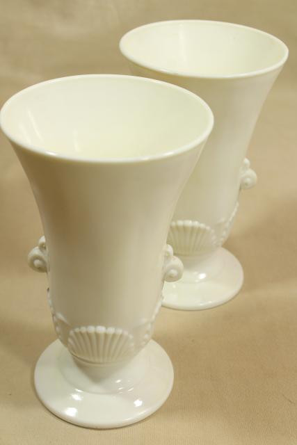 Anchor Hocking Fire King ivory vitrock seashell vases pair, art deco vintage