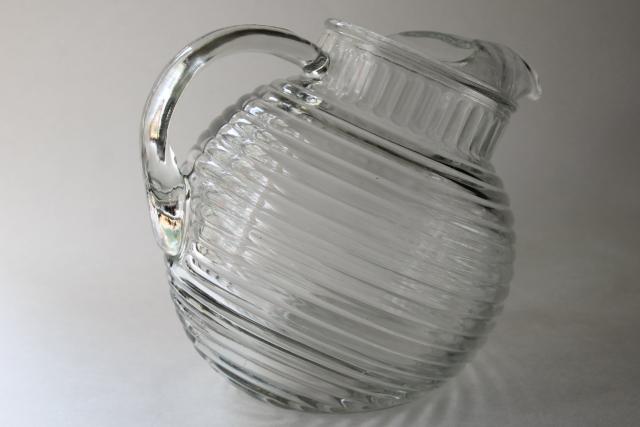 Anchor Hocking Manhattan crystal clear glass large pitcher, round ball tilt jug shape