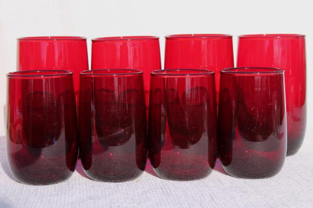 Anchor Hocking Royal Ruby red glass roly poly tumblers, mid-century vintage drinking glasses