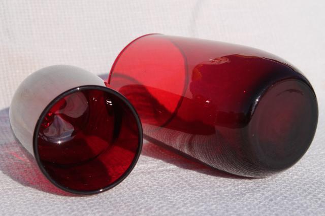 Anchor Hocking Royal Ruby red glass roly poly tumblers, mid-century vintage drinking glasses