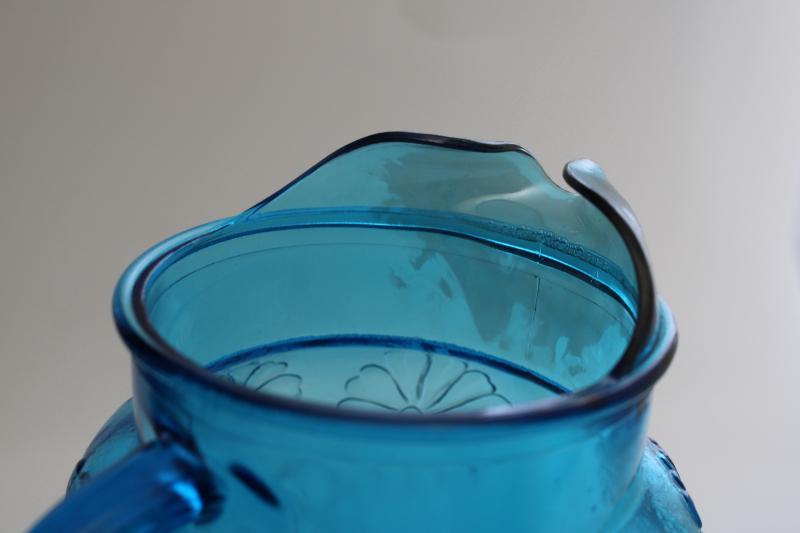 Anchor Hocking Springflower laser blue glass pitcher, embossed daisy flower pattern
