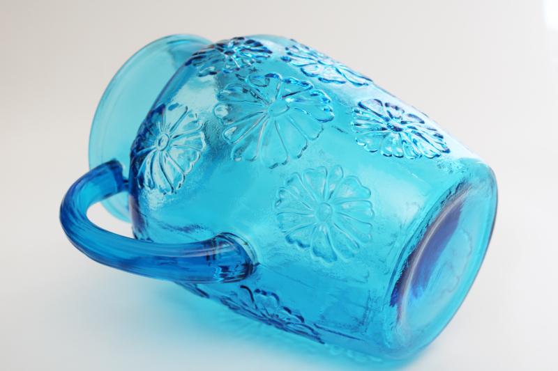 Anchor Hocking Springflower laser blue glass pitcher, embossed daisy flower pattern