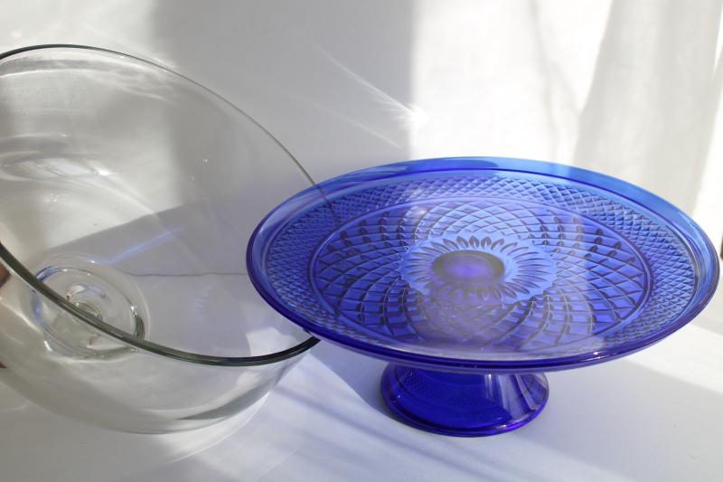 Anchor Hocking Wexford cobalt blue cake stand w/ clear glass dome cover, 1980s vintage