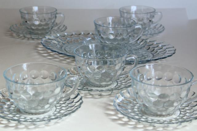 Anchor Hocking bubble pattern sapphire blue depression glass, vintage cups & saucers and tray