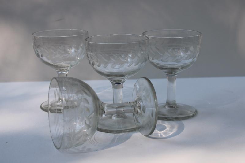 Anchor Hocking glass laurel etch wheel cut wine glasses, vintage stemware