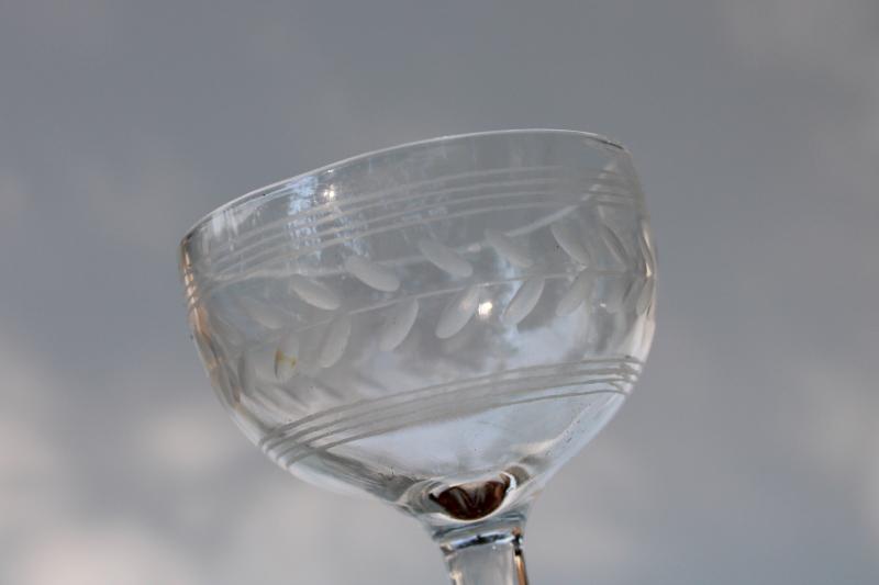 Anchor Hocking glass laurel etch wheel cut wine glasses, vintage stemware