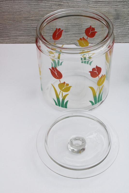 Anchor Hocking vintage glass canister jars set, retro swanky swigs style colorful tulips print