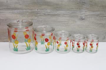 Anchor Hocking vintage glass canister jars set, retro swanky swigs style colorful tulips print