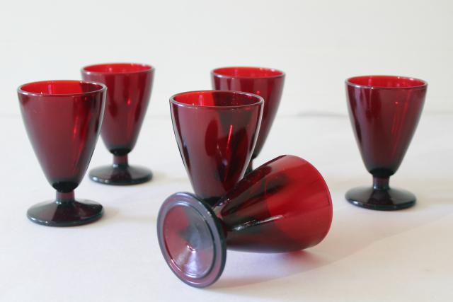 Anchor Hocking vintage royal ruby red glass wine glasses, footed tumblers set of 6