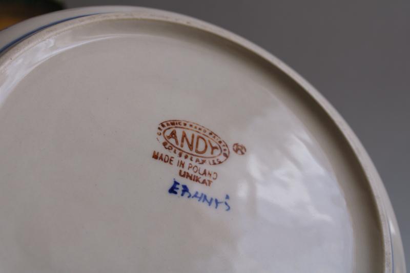 Andy Polish pottery Unikat pattern blue yellow hand painted signed large mixing bowl
