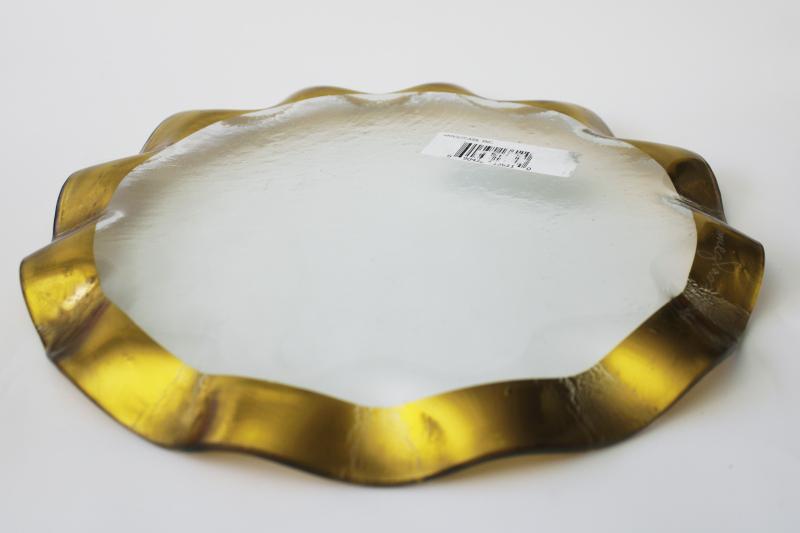 Annieglass Roman gold band ruffle edge glass dinner plate, large round tray or platter
