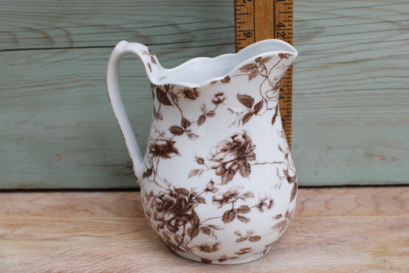 Antique Reflections Godinger brown transferware china pitcher or milk jug, old roses floral