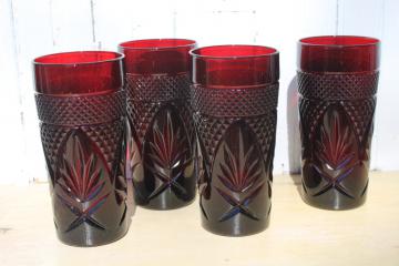Antique pattern ruby red glass tumblers, vintage Luminarc France drinking glasses 