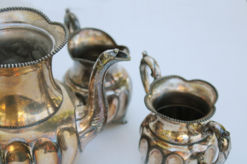Apollo silver ornate fluted tea set, teapot or coffee pot w/ cream sugar, antique vintage