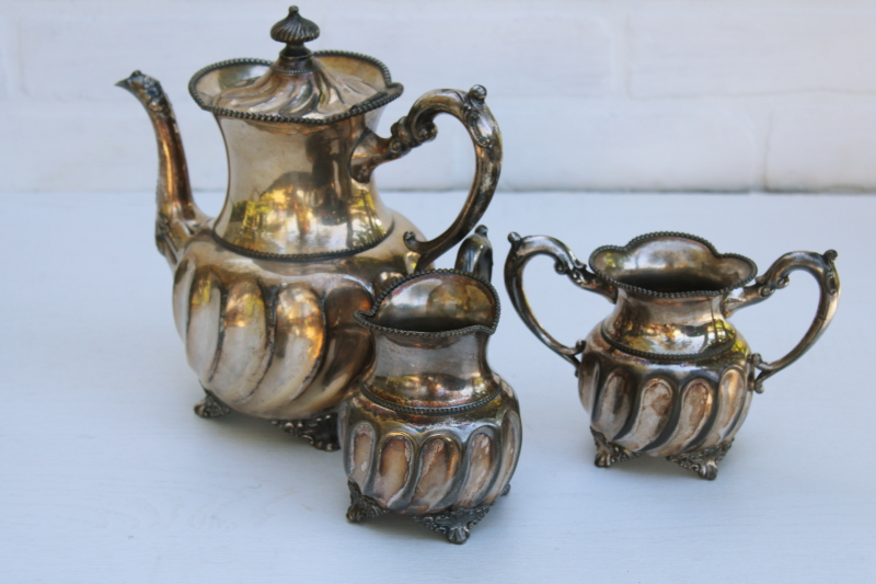 Apollo silver ornate fluted tea set, teapot or coffee pot w/ cream sugar, antique vintage