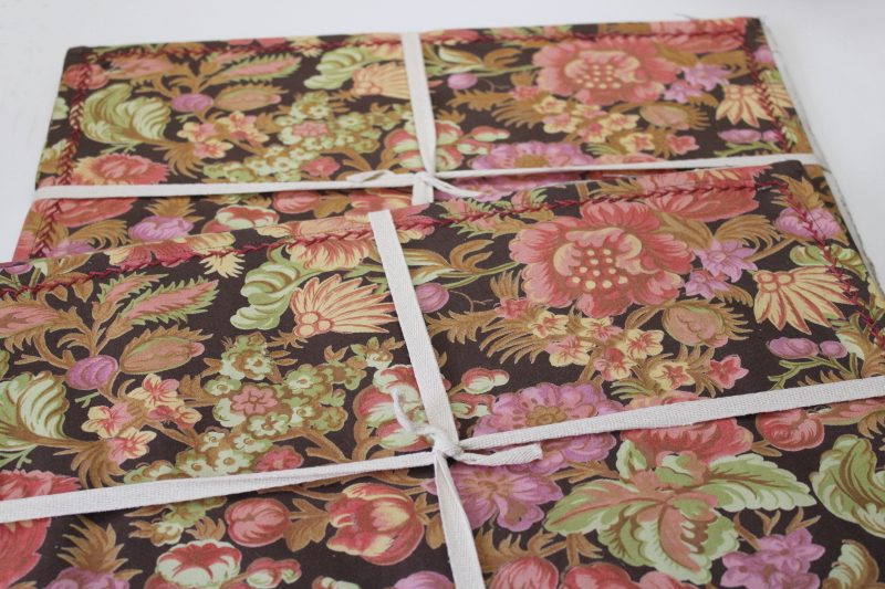 April Cornell print cotton placemats set, plum, orange, green floral on brown