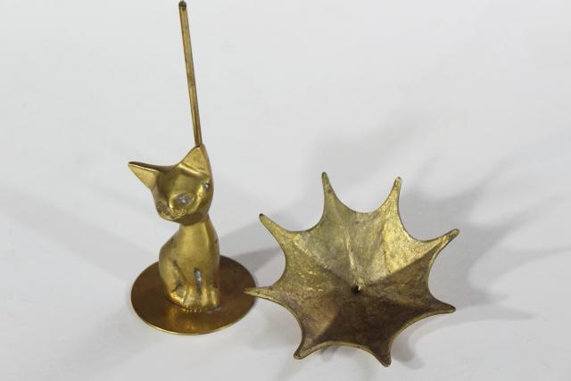 April Showers solid brass figurine, kitty cat under an umbrella, 70s 80s vintage