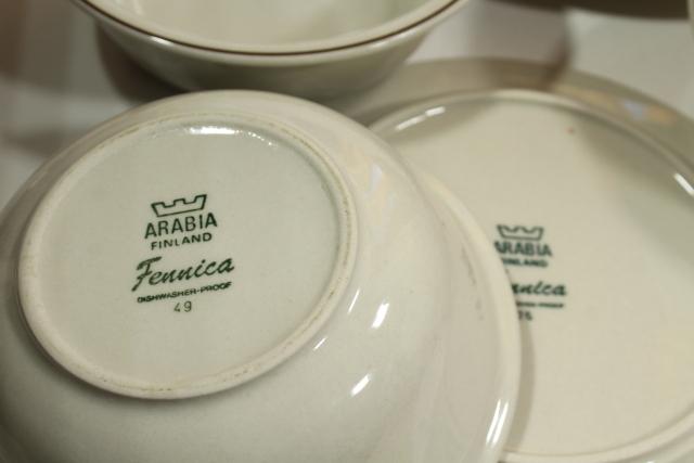 Arabia Finland stoneware pottery, Fennica pattern bowls & plates, vintage dinnerware