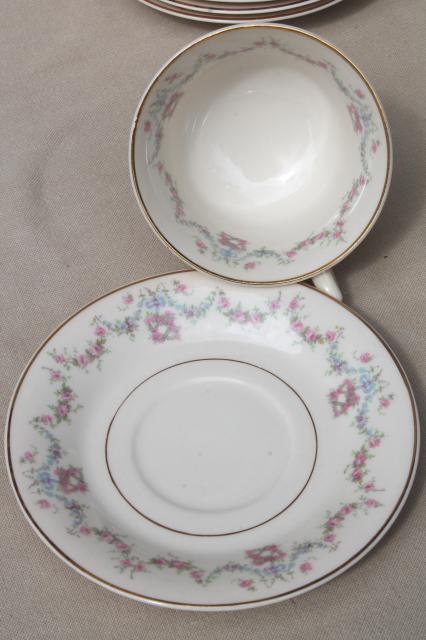 Arcadia Old Ivory Syracuse china, pink & blue floral garland vintage tea cups & saucers