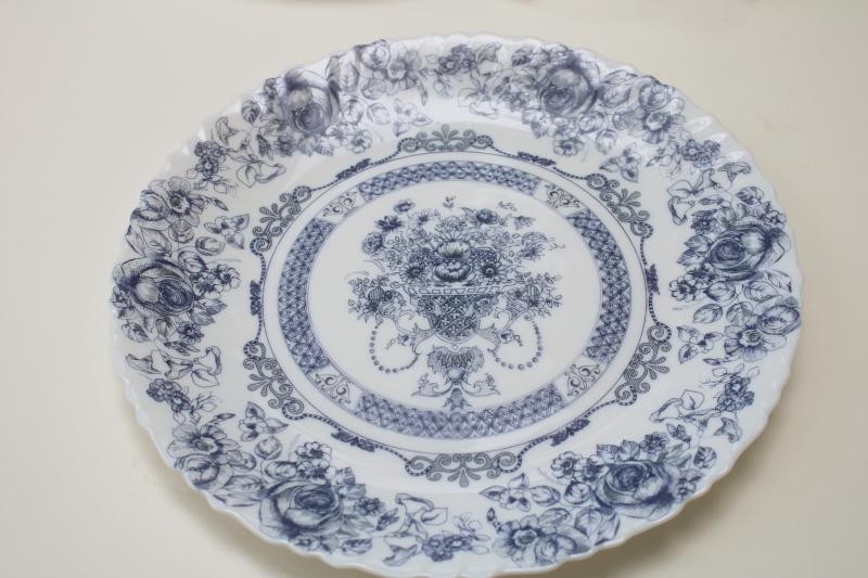 Arcopal Honorine pattern dinner plates, French blue & white toile Arcoroc glassware