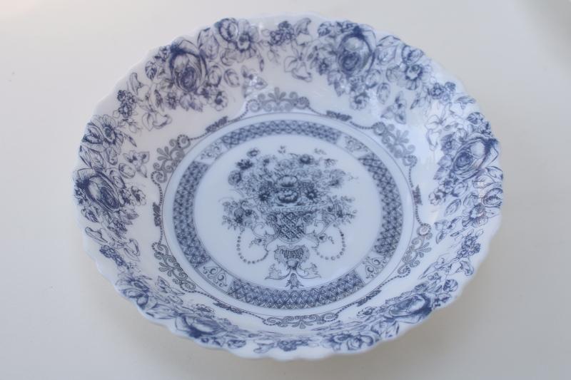 Arcopal Honorine pattern soup plates, French blue & white toile Arcoroc glassware