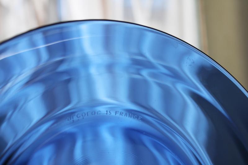 Arcoroc France cobalt blue glass soup bowls rimmed plates French kitchen glass