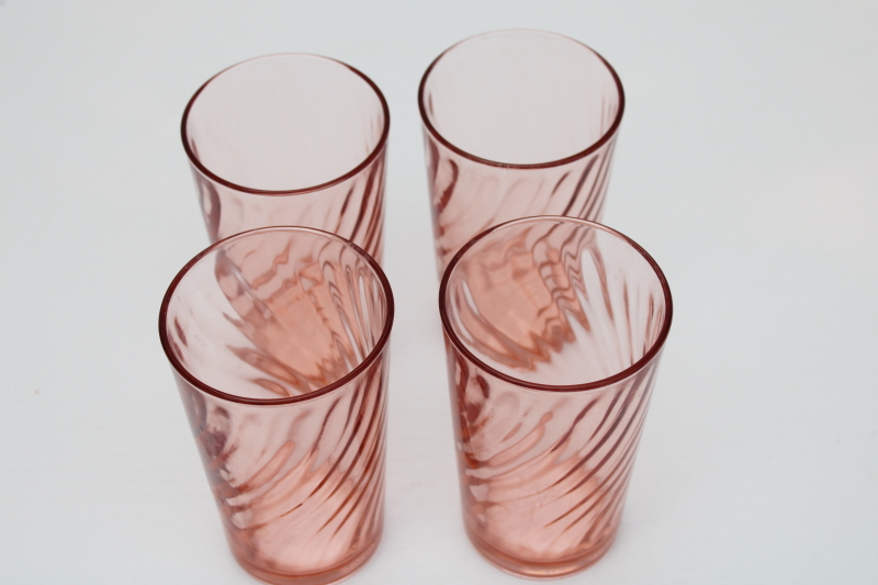 Arcoroc France rosaline pink swirl pattern glass drinking glasses, set of 4 tumblers