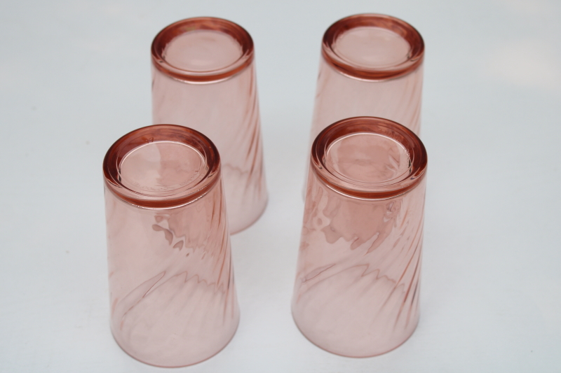 Arcoroc France rosaline pink swirl pattern glass drinking glasses, set of 4 tumblers