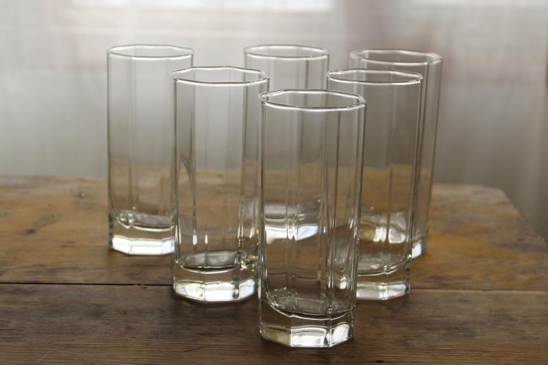 Arcoroc Octime crystal clear glass made in France tall highball drinking glasses octagonal shape