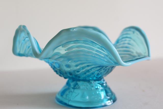 Argonaut shell w/ seaweed & shells, vintage ocean blue opalescent glass bowl