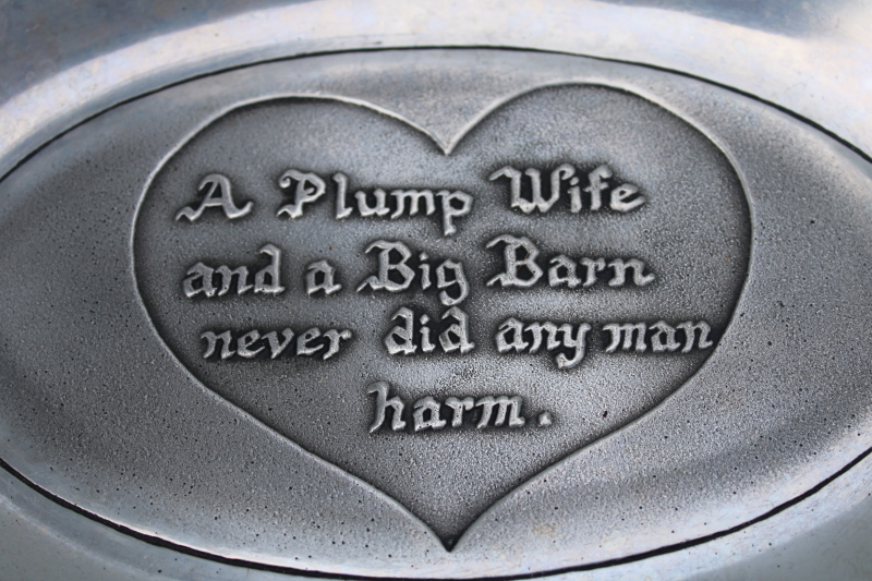 Armetale style bread tray w/ Penna Dutch saying Plump Wife Big Barn, vintage Pewtarex York PA