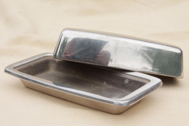 Armetale type vintage butter dish, plate w/ cover in polished aluminum or pewter