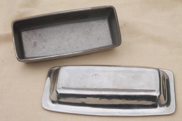 Armetale type vintage butter dish, plate w/ cover in polished aluminum or pewter