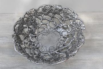 Arthur Court pewter aluminum bowl, large centerpiece grapevines w/ rabbits